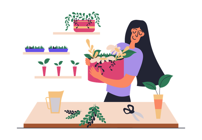 Frau arbeitet im Blumenladen und verkauft Pflanzen und Blüten  Illustration