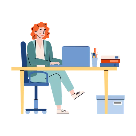 Frau arbeitet im Büro am Schreibtisch mit Laptop  Illustration