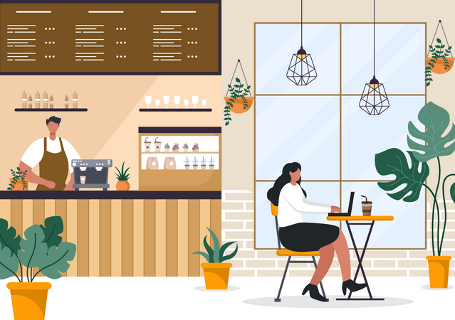 Frau arbeitet im Café  Illustration