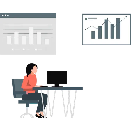 Frau arbeitet an einem Laptop mit einem Geschäftsdiagramm  Illustration