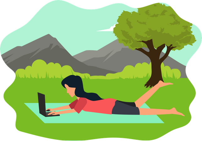 Frau arbeitet im Park am Laptop  Illustration