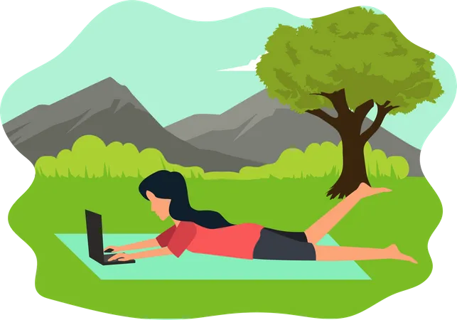 Frau arbeitet im Park am Laptop  Illustration