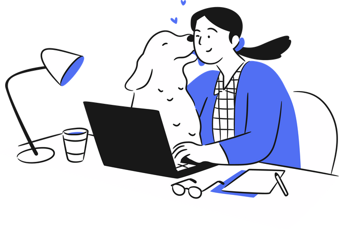 Frau arbeitet mit Hund am Laptop  Illustration