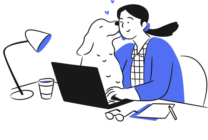 Frau arbeitet mit Hund am Laptop  Illustration