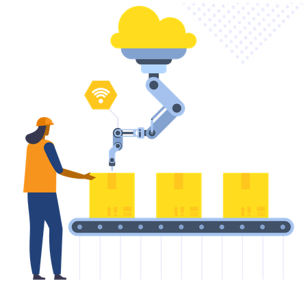 Frau arbeitet mit kabellosem Roboterarm beim Verpacken von Kartons am Förderband  Illustration