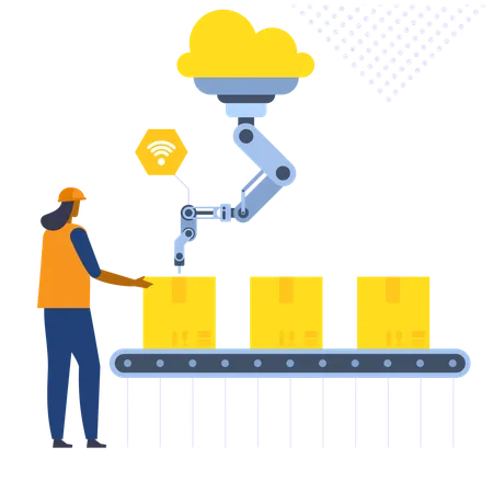 Frau arbeitet mit kabellosem Roboterarm beim Verpacken von Kartons am Förderband  Illustration