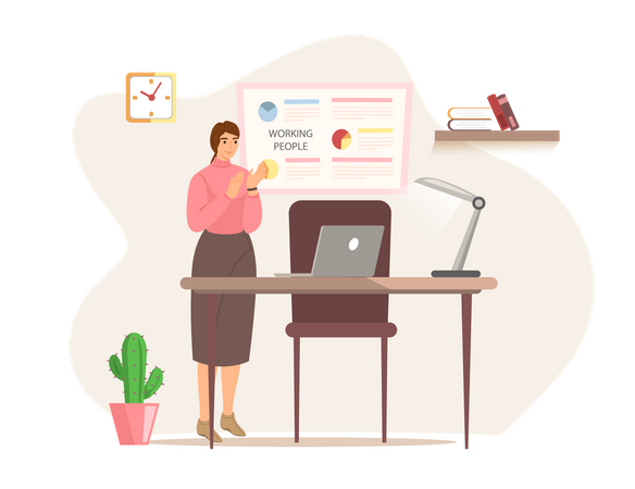 Frau arbeitet mit Laptop am Arbeitsplatz  Illustration