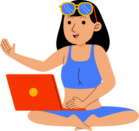 Frau arbeitet mit Laptop am Strand  Illustration