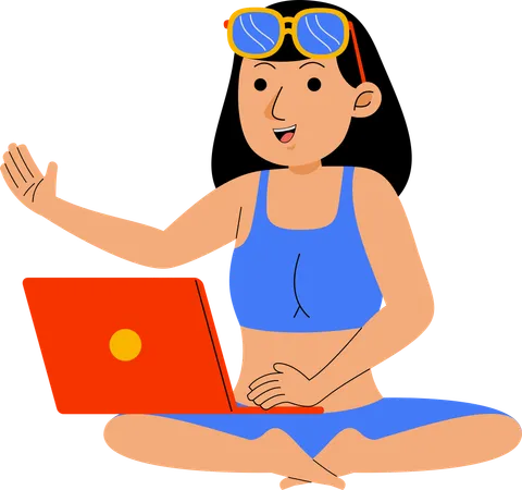 Frau arbeitet mit Laptop am Strand  Illustration