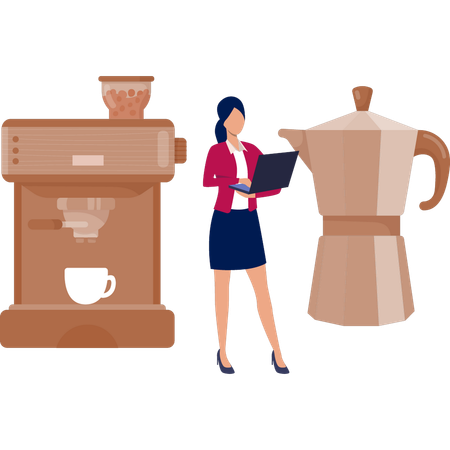 Frau arbeitet neben Kaffeemaschine  Illustration