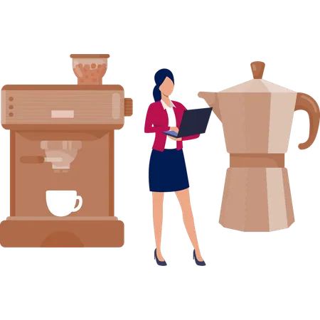 Frau arbeitet neben Kaffeemaschine  Illustration