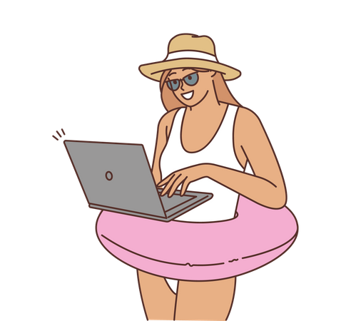 Frau arbeitet vom Strand aus  Illustration