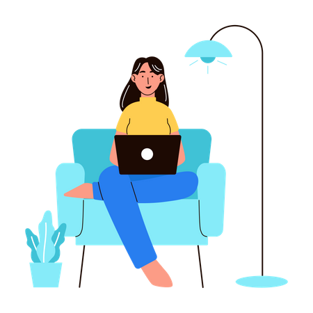 Frau sitzt auf dem Sofa und arbeitet  Illustration