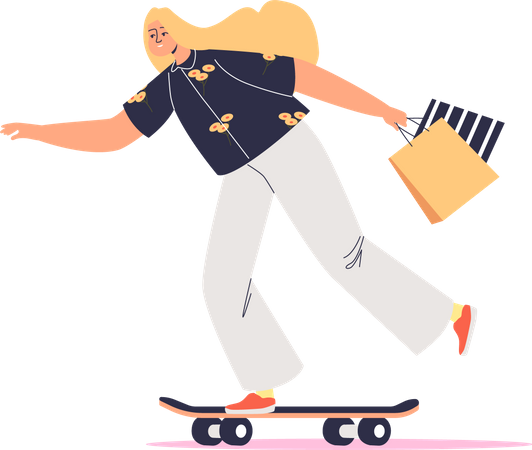 Frau auf Skate mit Einkaufstüten  Illustration