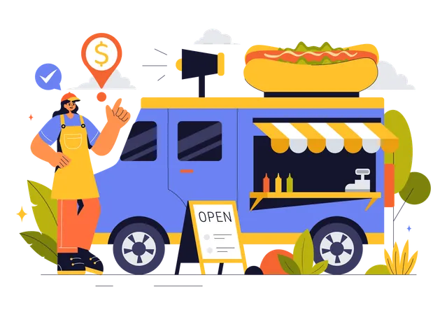 Frau baut Fast-Food-Truck auf  Illustration