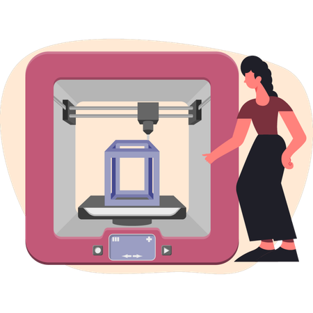 Frau bedient vorsichtig einen 3D-Drucker  Illustration