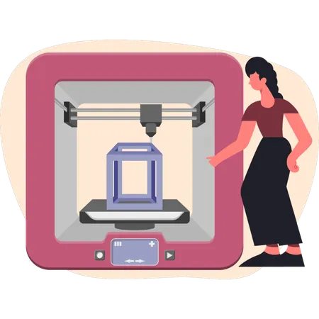 Frau bedient vorsichtig einen 3D-Drucker  Illustration