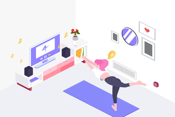 Frau beginnt mit Yoga-Training und wird dabei vom Trainer vor dem Fernseher im Wohnzimmer begleitet  Illustration