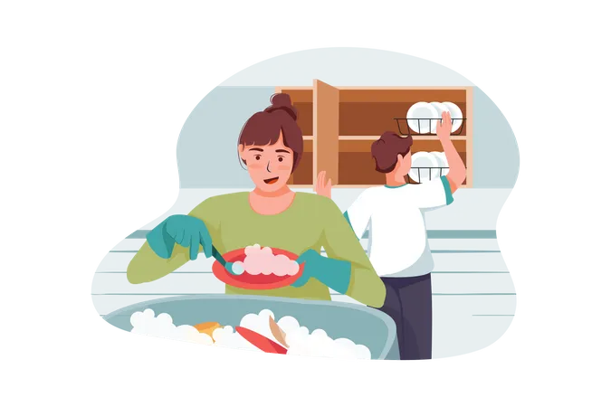 Frau beim Geschirrspülen und Mann beim Einräumen  Illustration