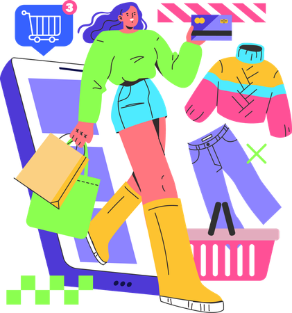 Frauen beim mobilen Einkaufen  Illustration