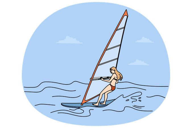 Frau beim Radfahren und Windsurfen im Meer  Illustration