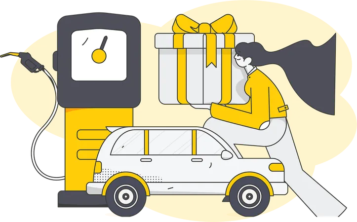 Frau bekam Geschenk beim Tanken ihres Autos an Tankstelle  Illustration