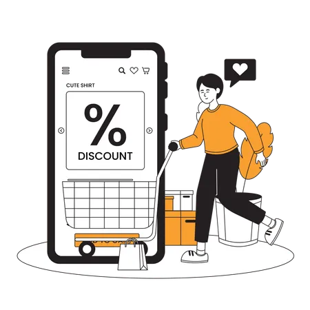 Frau erhält Einkaufsrabatt auf E-Commerce-App  Illustration