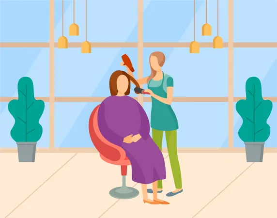 Frau bekommt im Salon eine Frisur von ihrem Stilexperten  Illustration