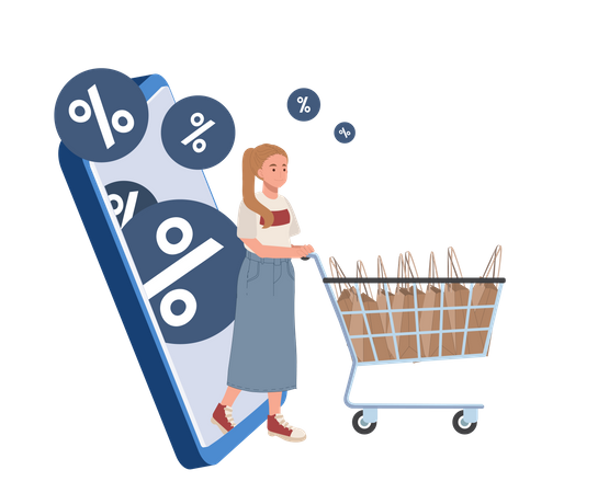 Frau bekommt Rabatt von E-Commerce-App  Illustration