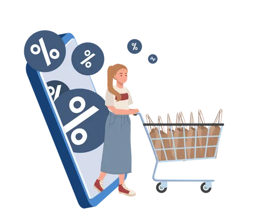 Frau bekommt Rabatt von E-Commerce-App  Illustration