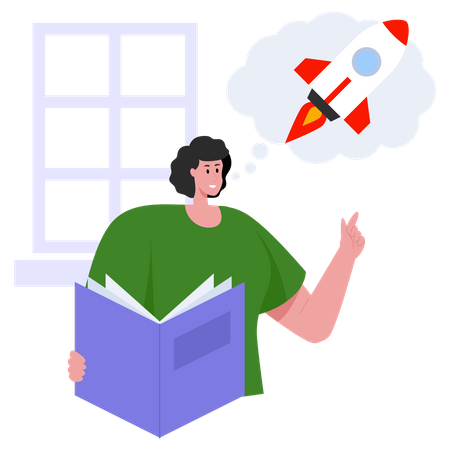 Frau bekommt Startup-Idee durch Buchlesung  Illustration
