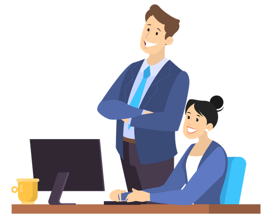 Frau benutzt Computer und spricht mit ihrem Kollegen Illustration