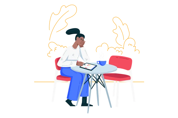 Frau mit Grafiktablett und sitzt mit Kaffeetasse am Tisch  Illustration