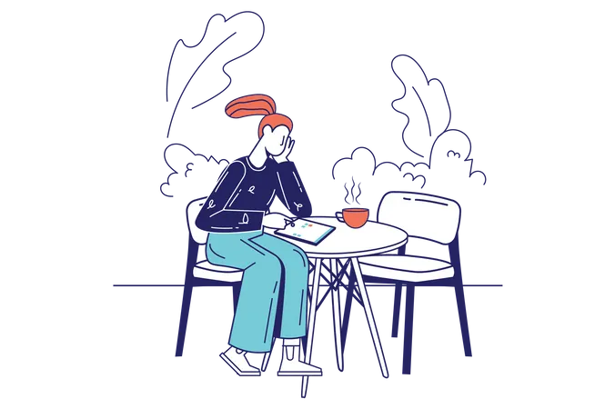 Frau mit Grafiktablett und sitzt mit Kaffeetasse am Tisch  Illustration