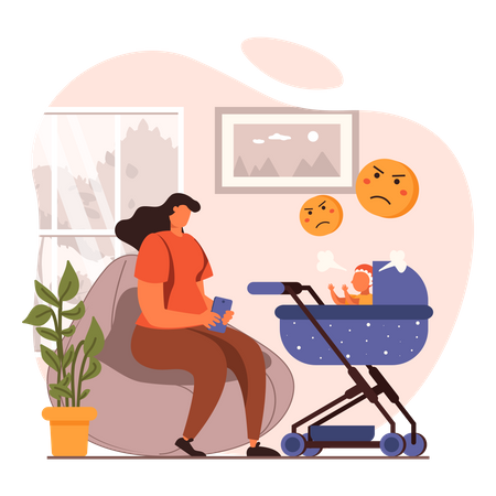 Frau benutzt Handy, anstatt auf ihr Baby zu achten  Illustration