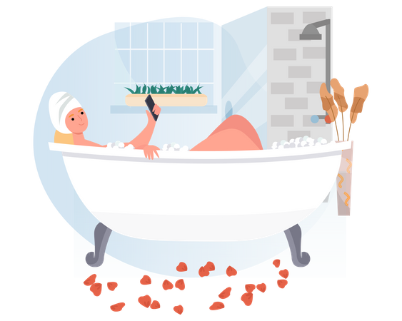Frau benutzt Handy beim Baden  Illustration
