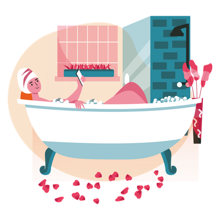 Frau benutzt Handy beim Baden  Illustration