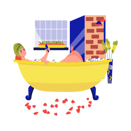 Frau benutzt Handy beim Baden  Illustration