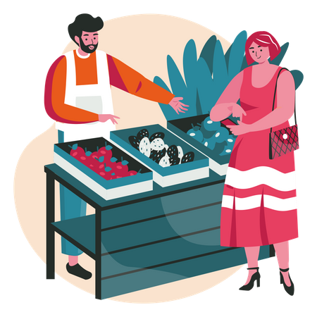 Frau benutzt Handy beim Einkaufen  Illustration