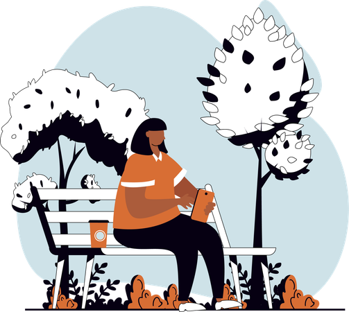Frau benutzt Handy im Park  Illustration