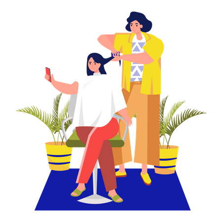Frau benutzt Handy im Schönheitssalon  Illustration