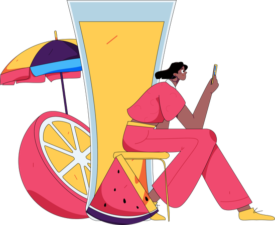Frau benutzt Handy im Sommerurlaub  Illustration