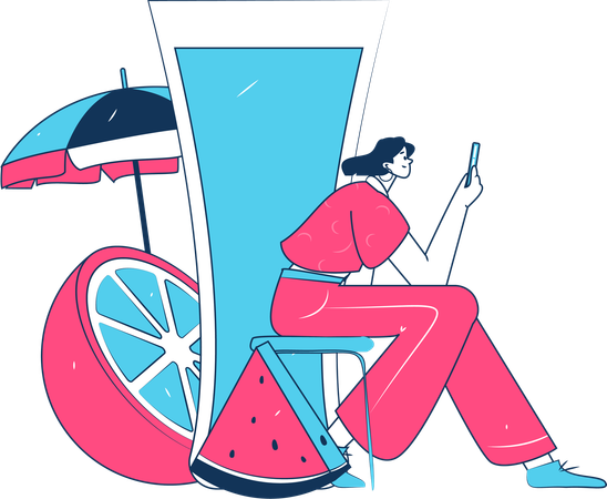 Frau benutzt Handy im Sommerurlaub  Illustration