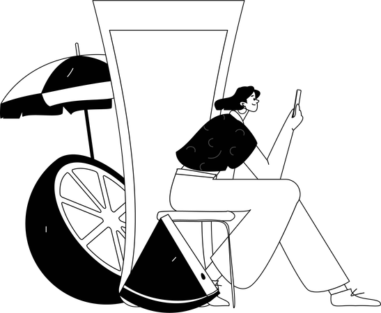 Frau benutzt Handy im Sommerurlaub  Illustration
