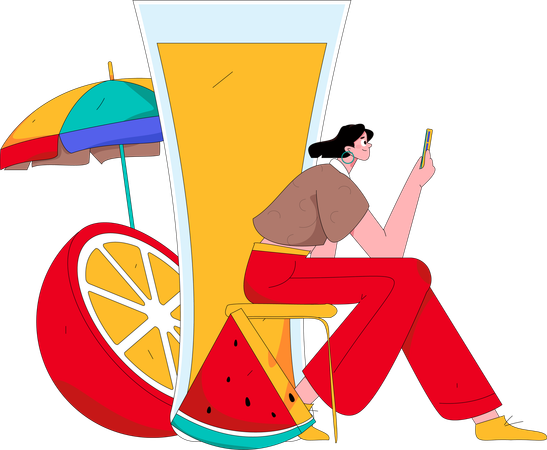 Frau benutzt Handy im Sommerurlaub  Illustration