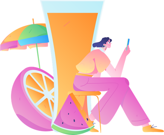 Frau benutzt Handy im Sommerurlaub  Illustration