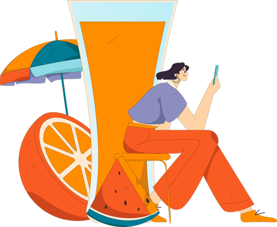 Frau benutzt Handy im Sommerurlaub  Illustration