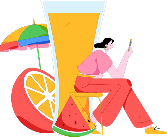 Frau benutzt Handy im Sommerurlaub  Illustration