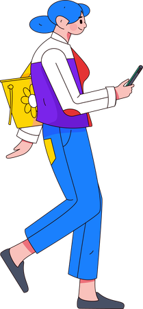Frau benutzt Handy mit Tasche  Illustration