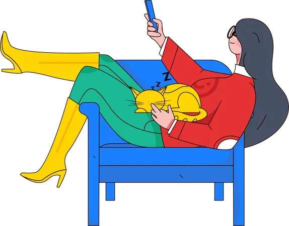 Frau benutzt Handy und sitzt mit Katze auf Sofa  Illustration